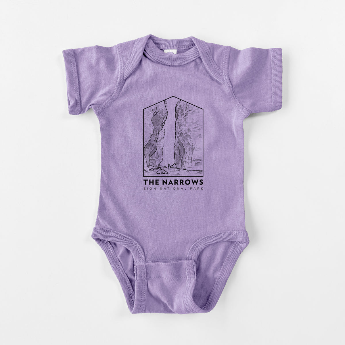 Lavender baby bodysuit laid flat, printed with a black line art badge of the tall canyon walls of The Narrows, with the words The Narrows.
