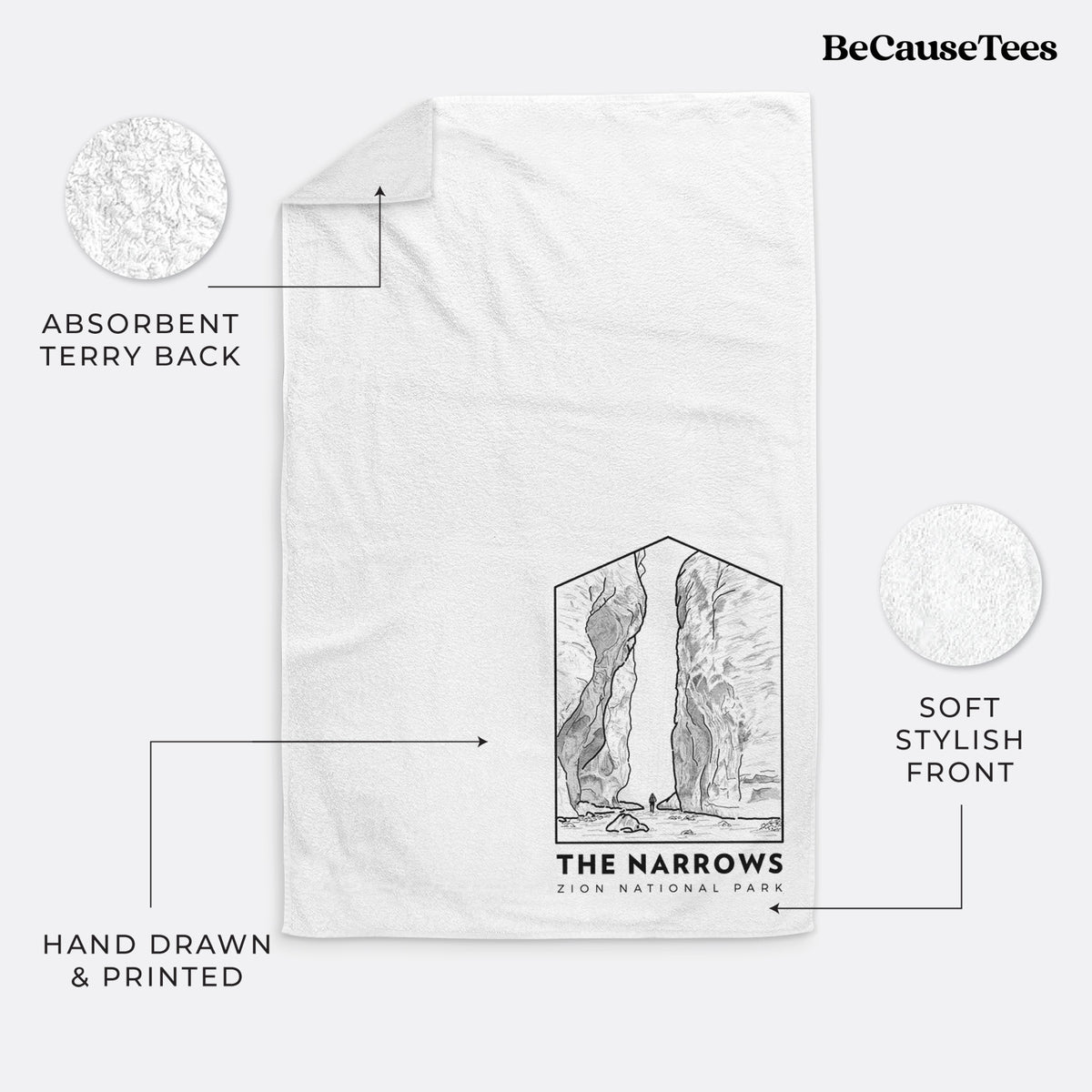 White hand towel printed with a black line art badge of the tall canyon walls of The Narrows, with the words The Narrows.