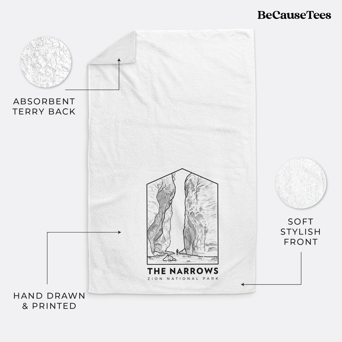 White hand towel printed with a black line art badge of the tall canyon walls of The Narrows, with the words The Narrows.