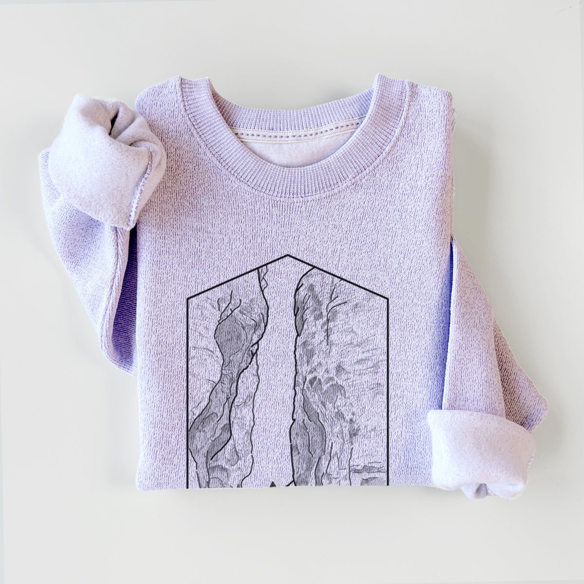 Ice purple knit sweatshirt printed with a black line art badge of the tall canyon walls of The Narrows, with the words The Narrows, styled flat.
