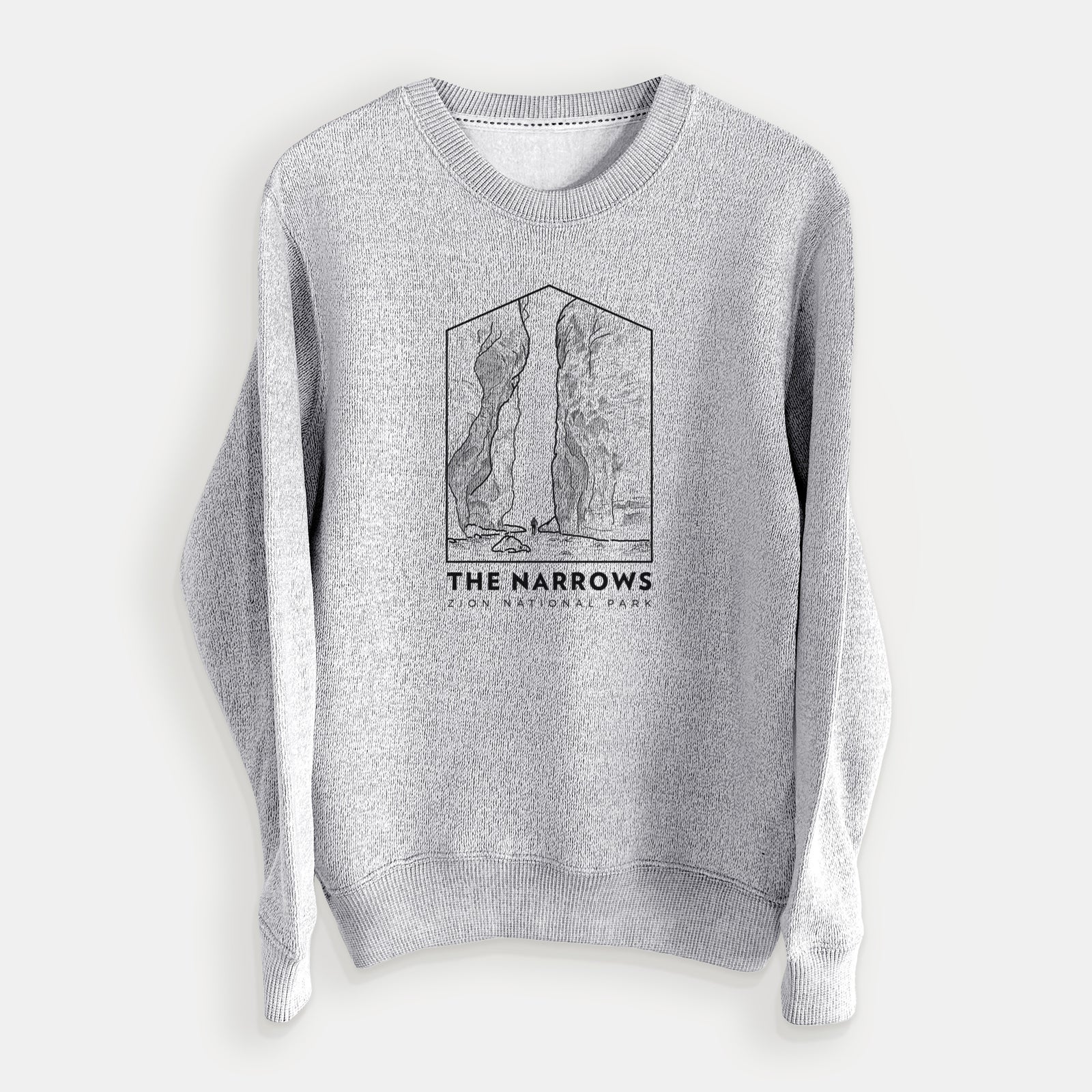 Salt and pepper knit sweatshirt laid flat, printed with a black line art badge of the tall canyon walls of The Narrows, with the words The Narrows.
