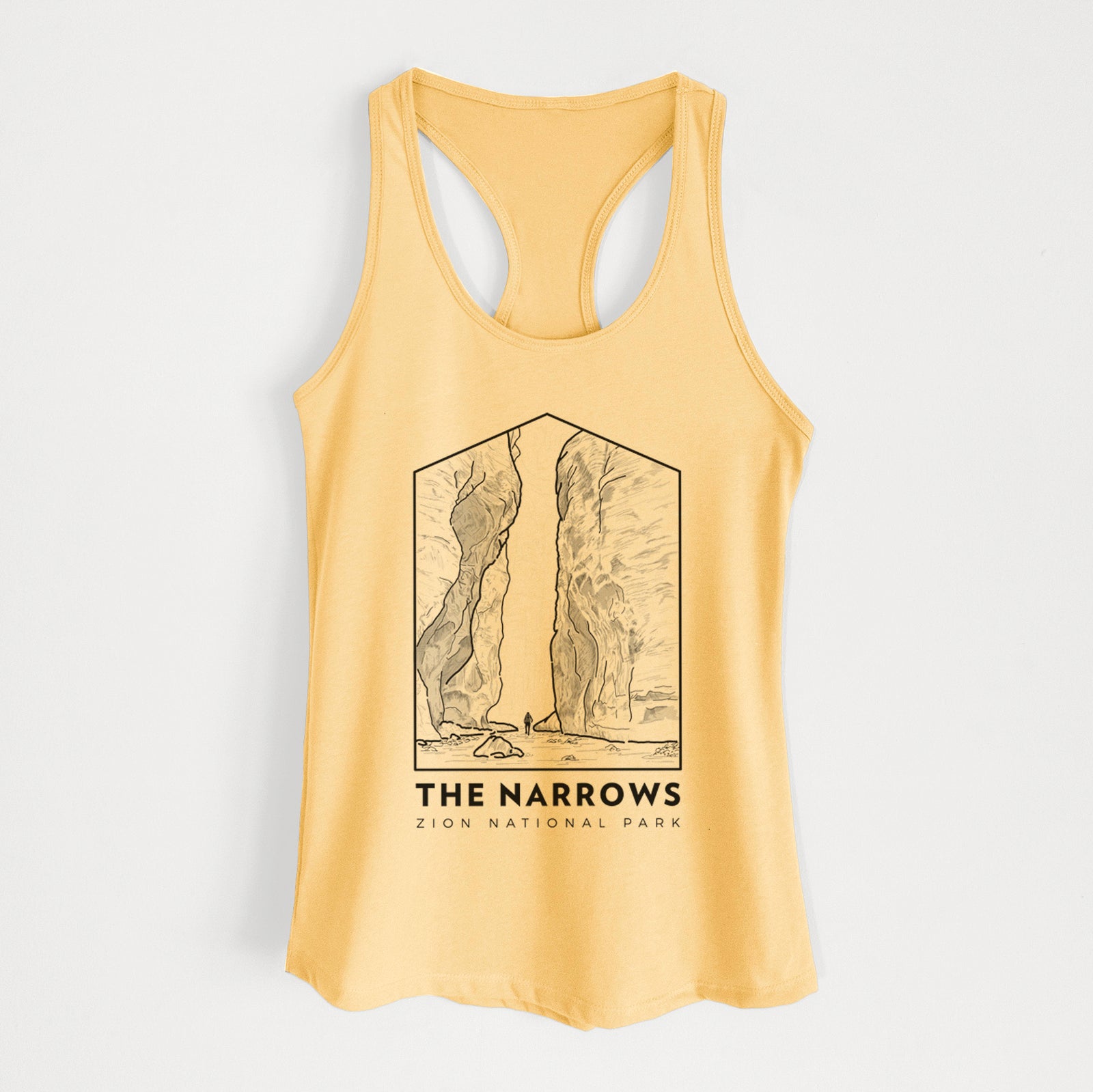 Banana cream women's racerback tank top laid flat, printed with a black line art badge of the tall canyon walls of The Narrows, with the words The Narrows.