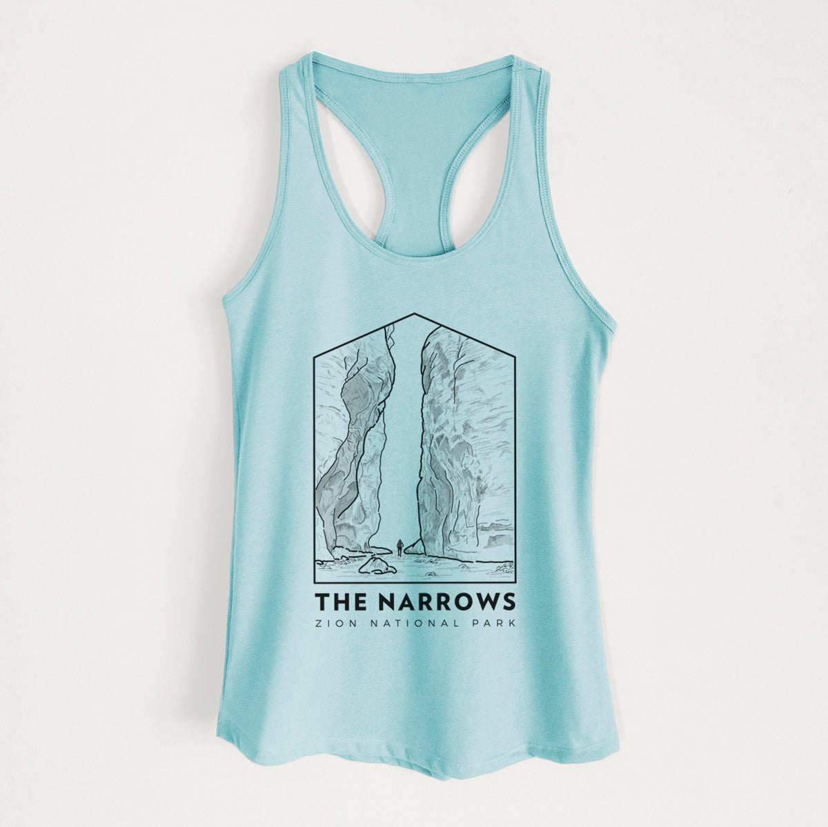 Cancun blue women's racerback tank top laid flat, printed with a black line art badge of the tall canyon walls of The Narrows, with the words The Narrows.