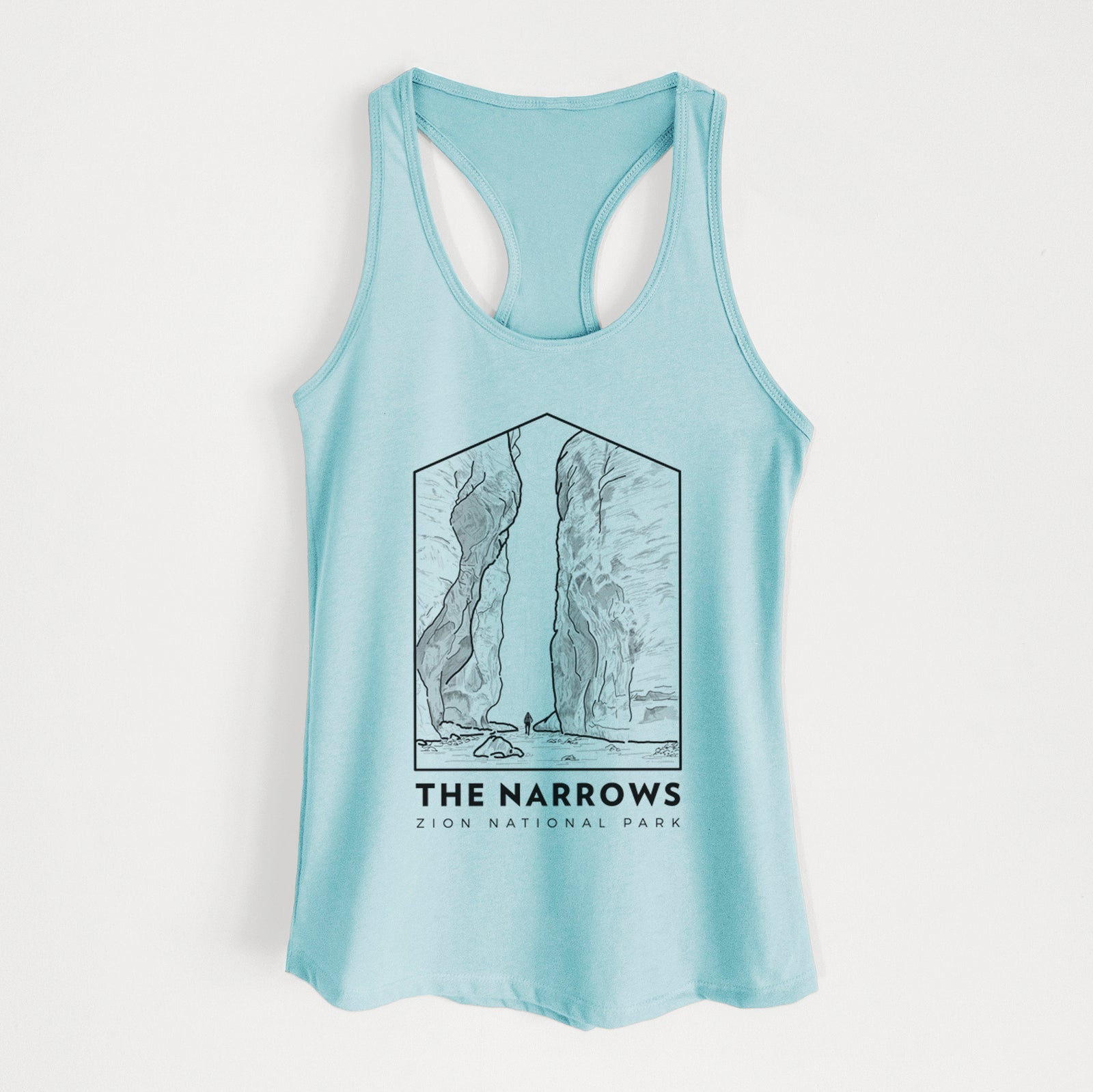 Banana cream women's racerback tank top laid flat, printed with a black line art badge of the tall canyon walls of The Narrows, with the words The Narrows.