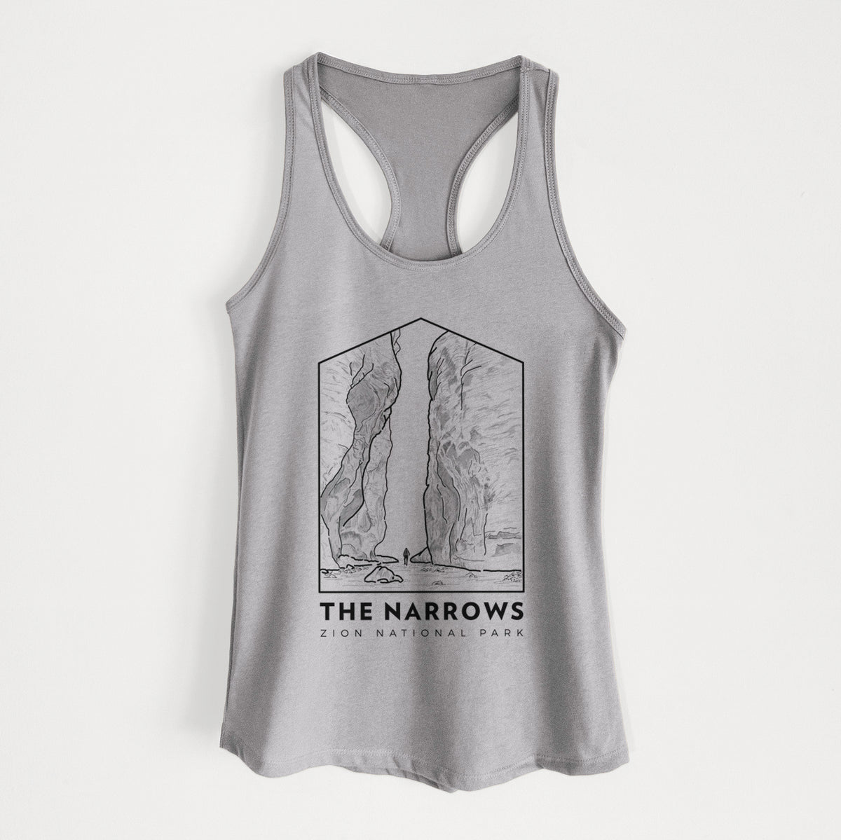 Heather grey women's racerback tank top laid flat, printed with a black line art badge of the tall canyon walls of The Narrows, with the words The Narrows.