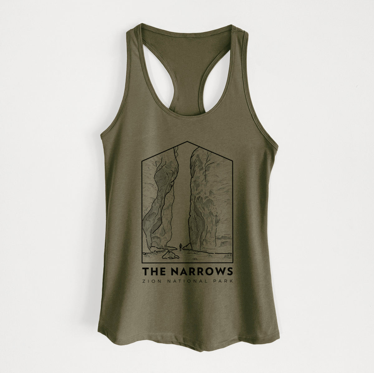 Military green women's racerback tank top laid flat, printed with a black line art badge of the tall canyon walls of The Narrows, with the words The Narrows.