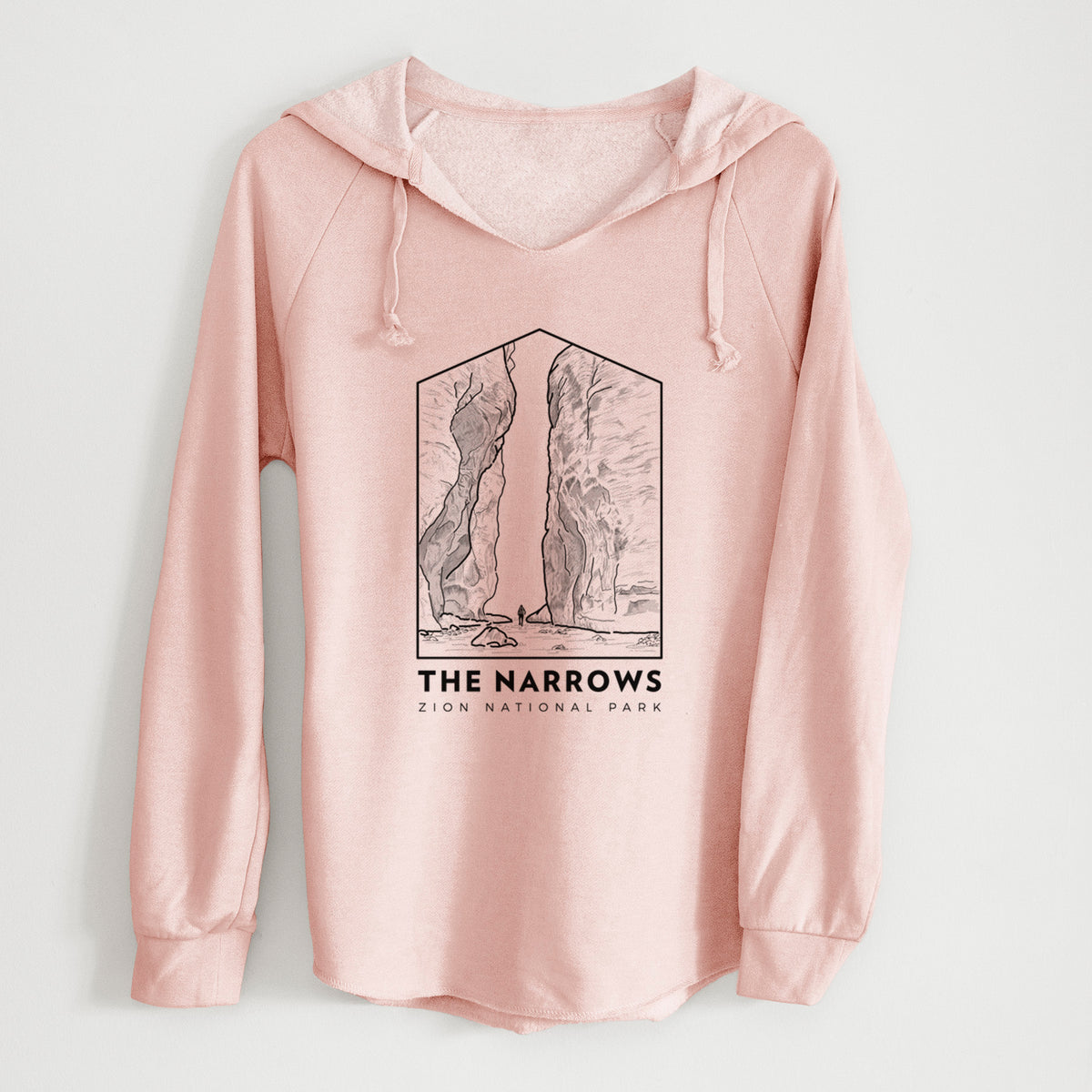 Blush pink women's Cali Wave hooded sweatshirt laid flat, printed with a black line art badge of the tall canyon walls of The Narrows, with the words The Narrows.