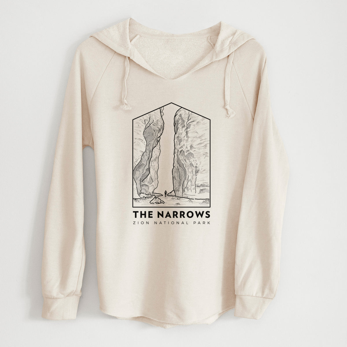Bone cream women's Cali Wave hooded sweatshirt laid flat, printed with a black line art badge of the tall canyon walls of The Narrows, with the words The Narrows.