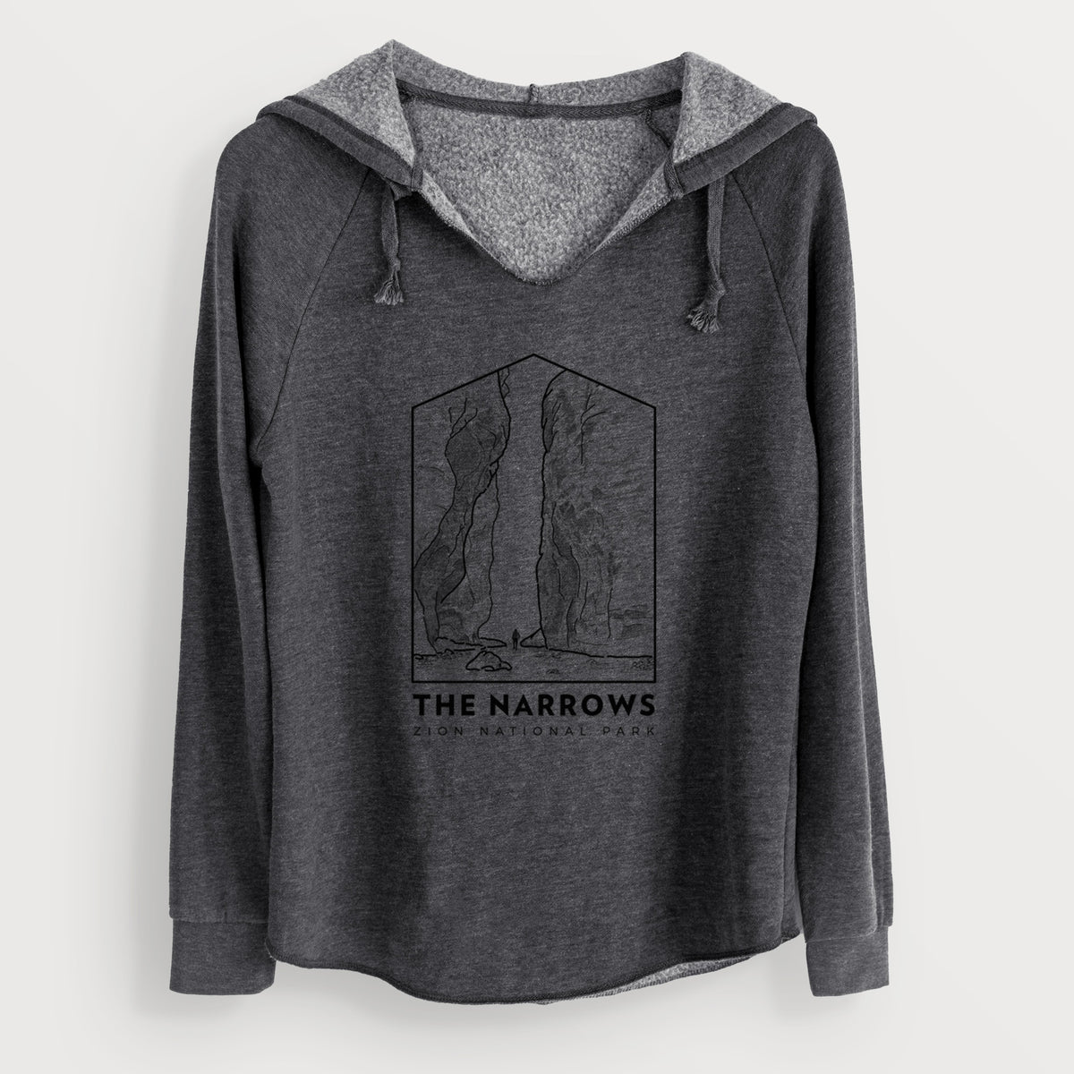 Charcoal grey women's Cali Wave hooded sweatshirt laid flat, printed with a black line art badge of the tall canyon walls of The Narrows, with the words The Narrows.