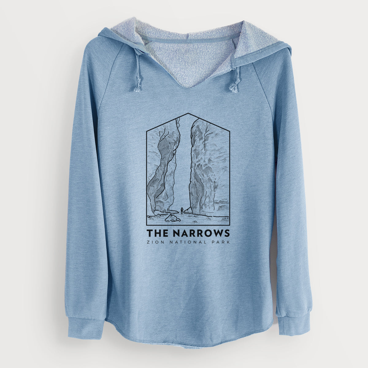 Misty blue women's Cali Wave hooded sweatshirt laid flat, printed with a black line art badge of the tall canyon walls of The Narrows, with the words The Narrows.