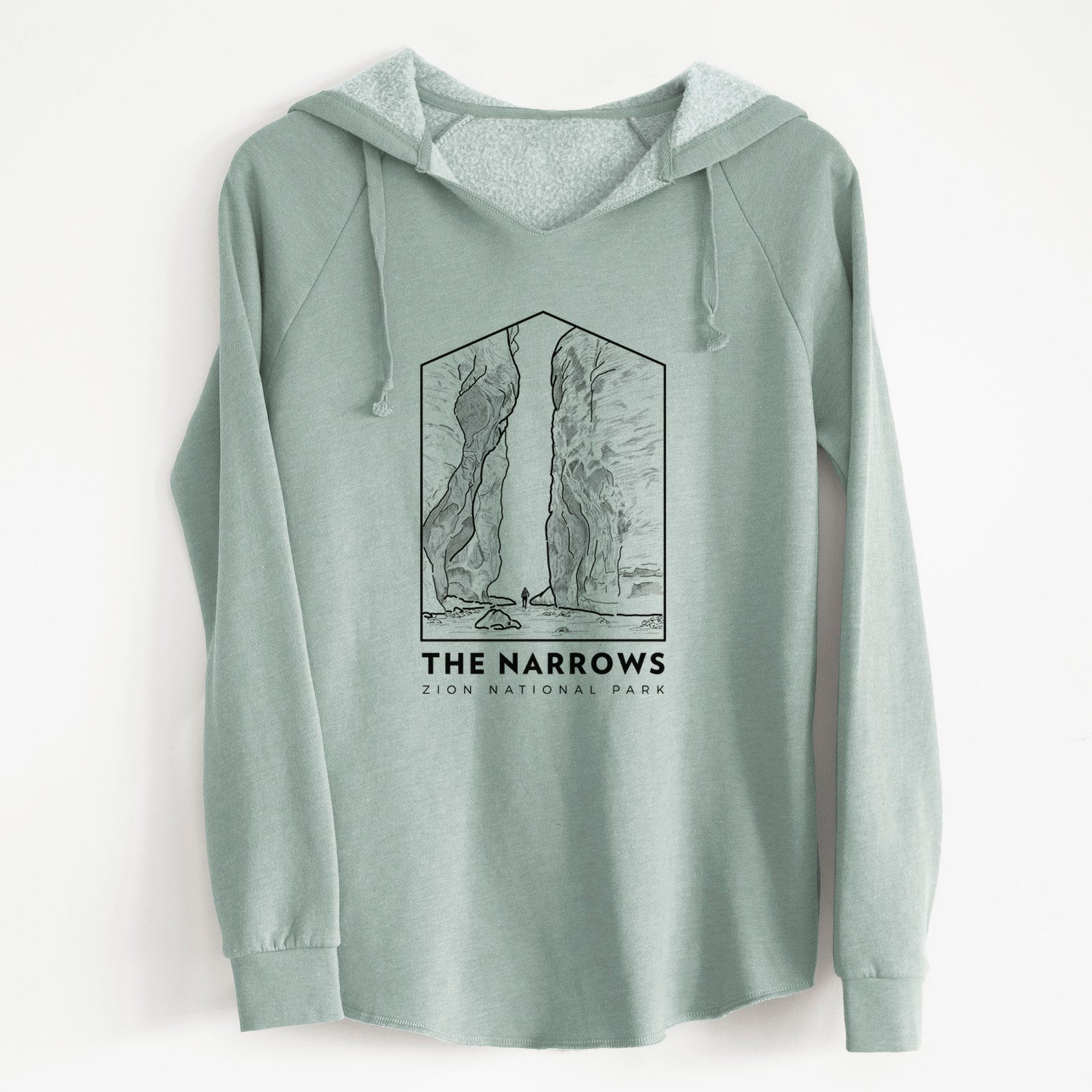 Sage green women's Cali Wave hooded sweatshirt laid flat, printed with a black line art badge of the tall canyon walls of The Narrows, with the words The Narrows.
