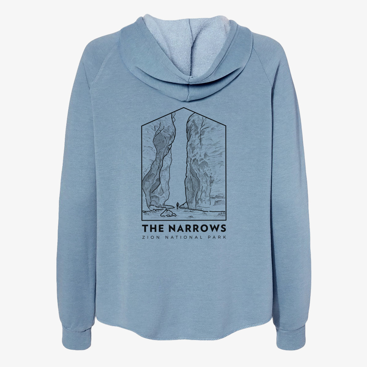 Misty blue women's Cali Wave zip-up sweatshirt laid flat, printed with a black line art badge of the tall canyon walls of The Narrows, with the words The Narrows.