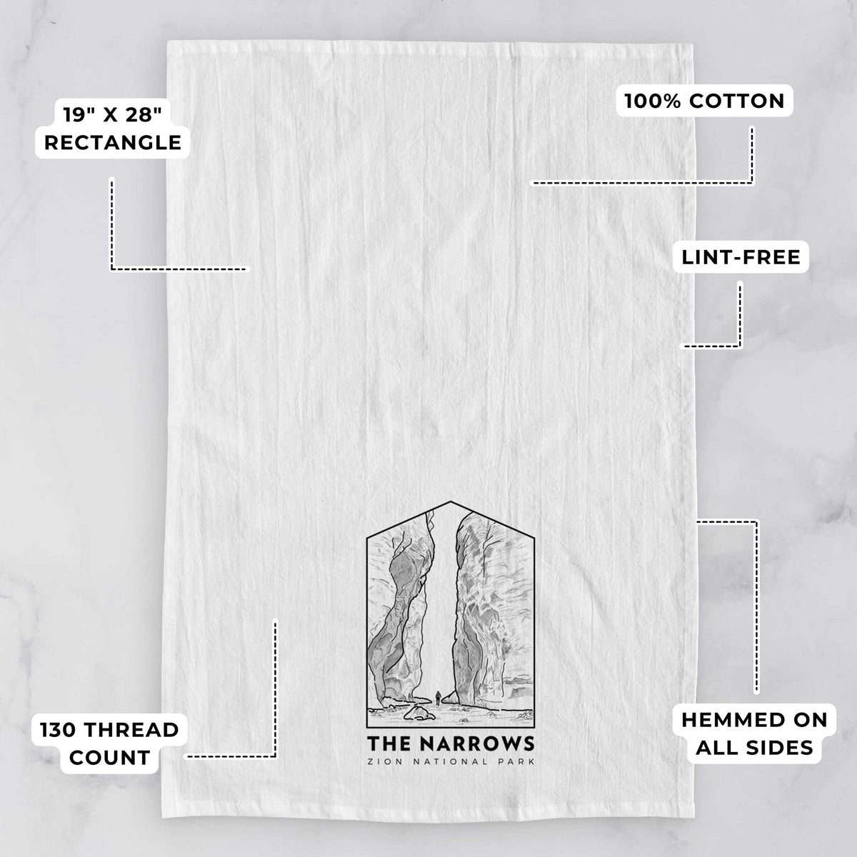 White tea towel printed with a black line art badge of the tall canyon walls of The Narrows, with the words The Narrows, with feature labels: 19 by 28 inch rectangle, 100% cotton, lint-free, 130 thread count, hemmed on all sides.
