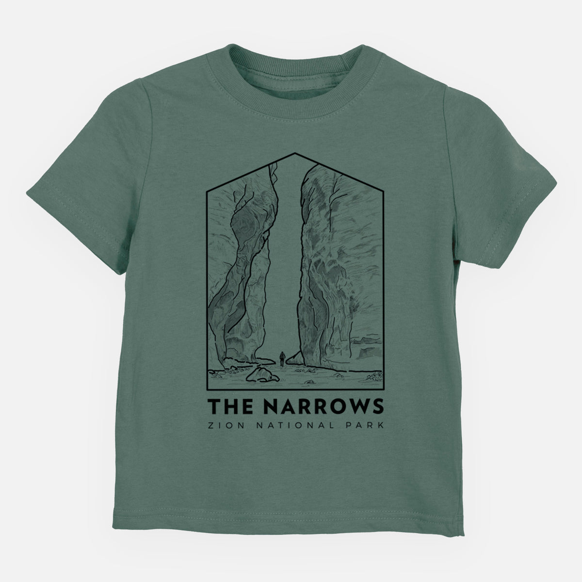 Basil green toddler t-shirt laid flat, printed with a black line art badge of the tall canyon walls of The Narrows, with the words The Narrows.