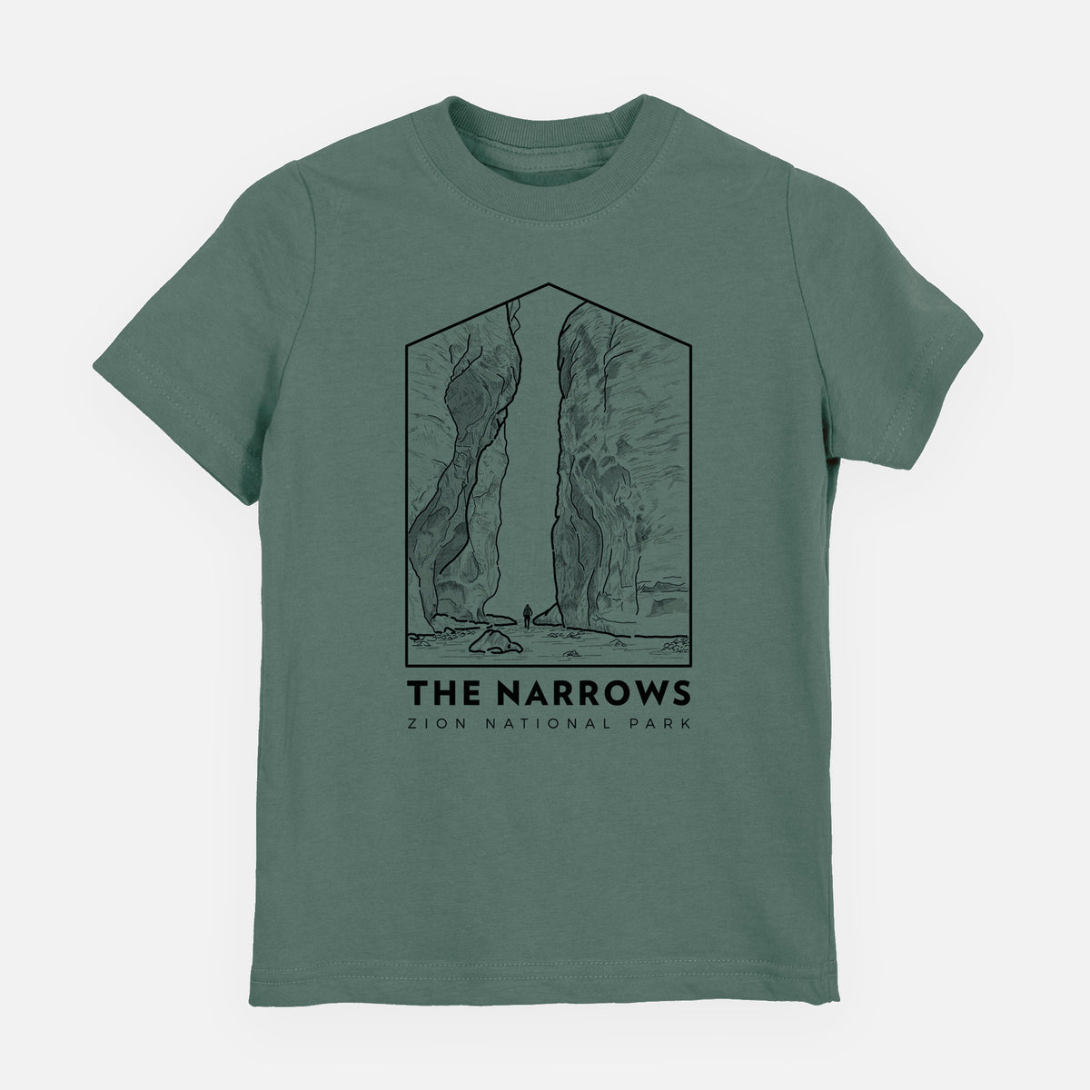 Basil green youth t-shirt laid flat, printed with a black line art badge of the tall canyon walls of The Narrows, with the words The Narrows.