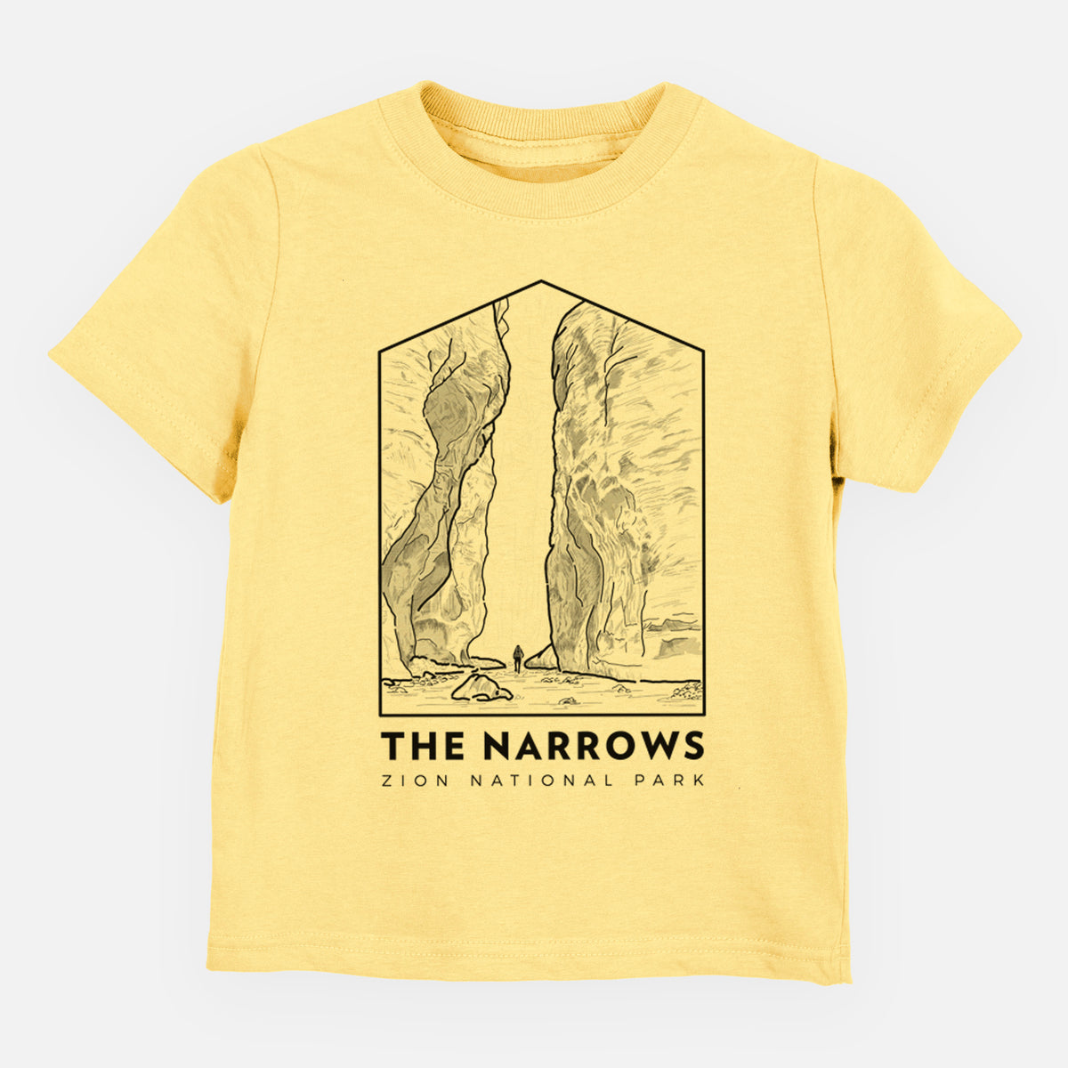 Butter yellow toddler t-shirt laid flat, printed with a black line art badge of the tall canyon walls of The Narrows, with the words The Narrows.
