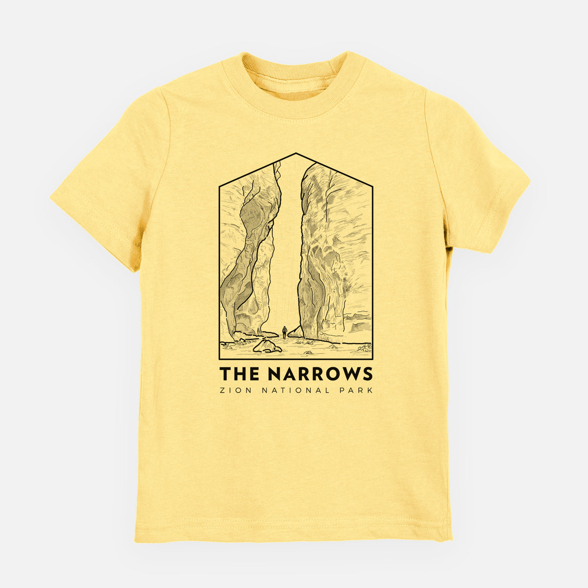 Butter yellow youth t-shirt laid flat, printed with a black line art badge of the tall canyon walls of The Narrows, with the words The Narrows.