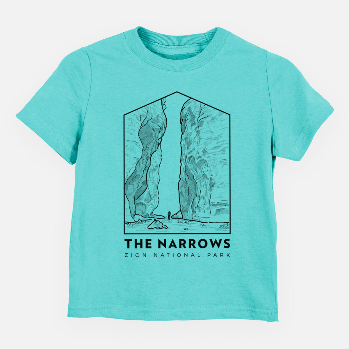 Caribbean blue toddler t-shirt laid flat, printed with a black line art badge of the tall canyon walls of The Narrows, with the words The Narrows.