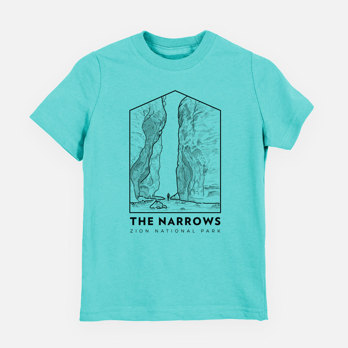 Caribbean blue youth t-shirt laid flat, printed with a black line art badge of the tall canyon walls of The Narrows, with the words The Narrows.