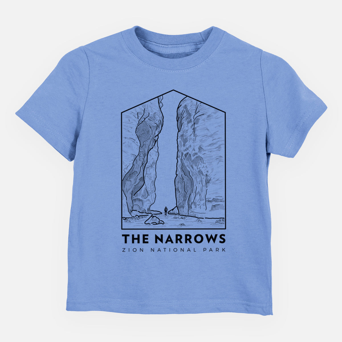 Carolina blue toddler t-shirt laid flat, printed with a black line art badge of the tall canyon walls of The Narrows, with the words The Narrows.