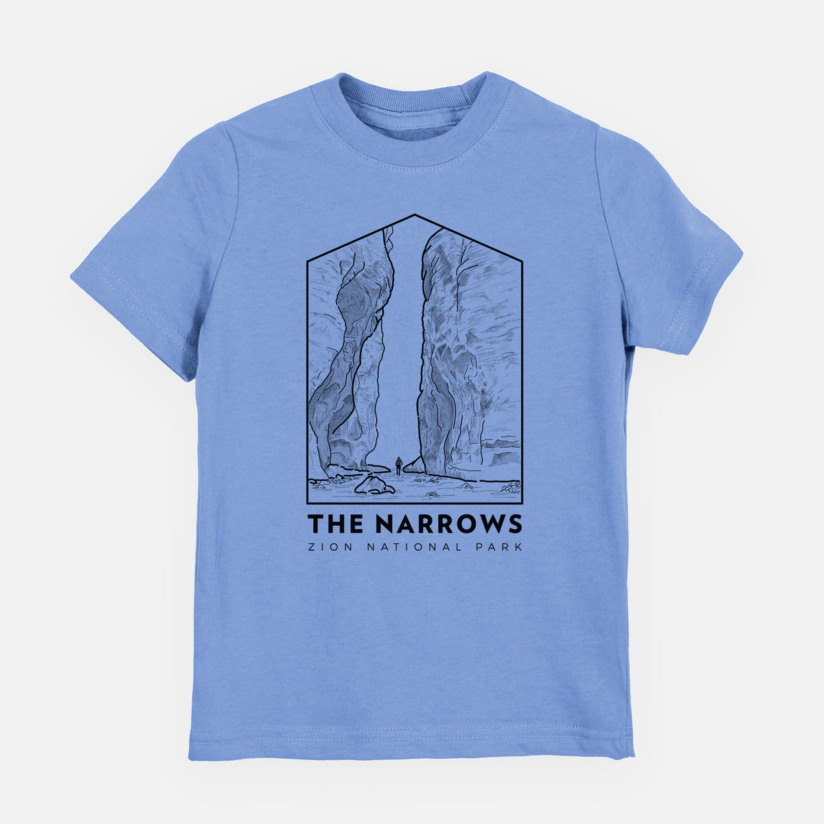 Carolina blue youth t-shirt laid flat, printed with a black line art badge of the tall canyon walls of The Narrows, with the words The Narrows.