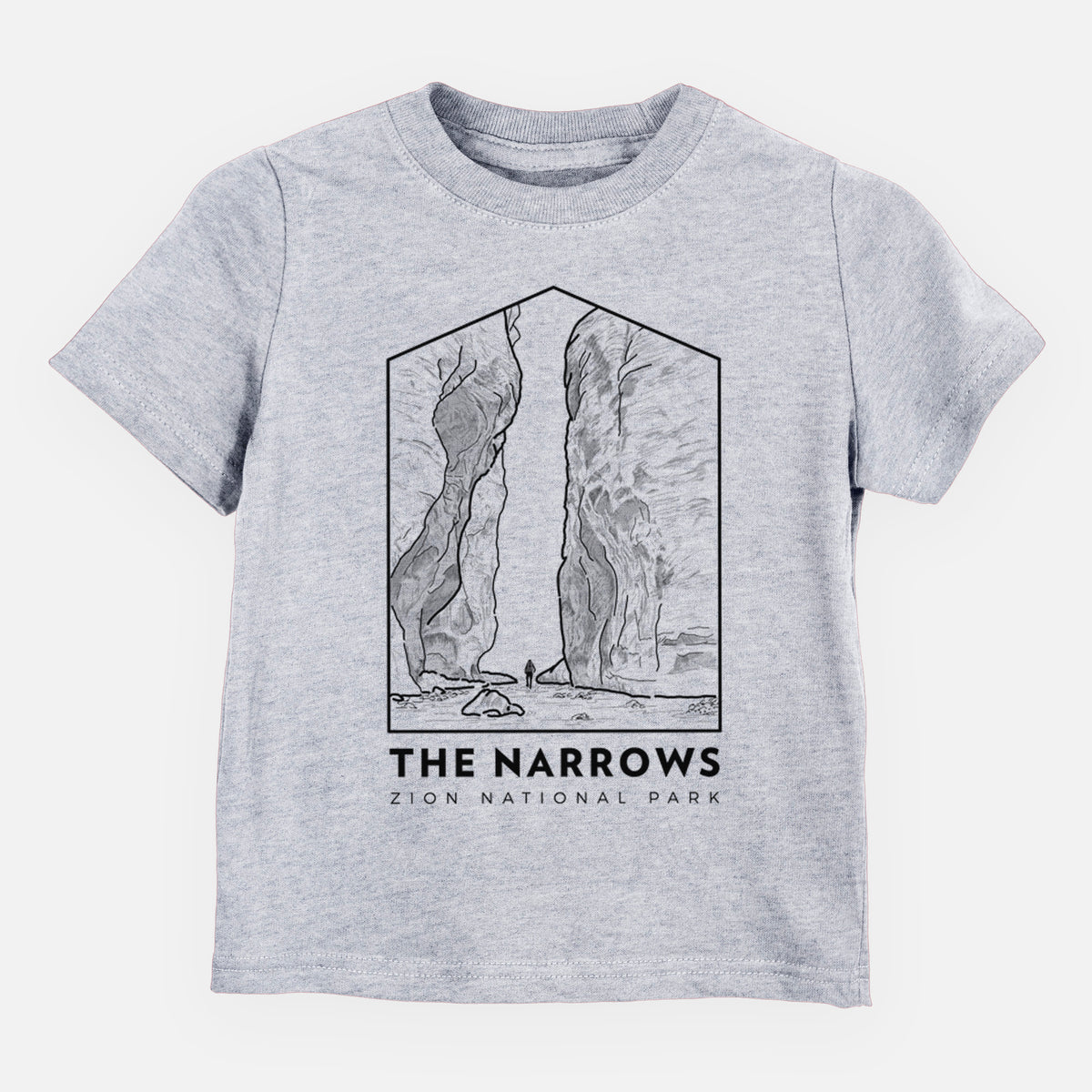 Heather grey toddler t-shirt laid flat, printed with a black line art badge of the tall canyon walls of The Narrows, with the words The Narrows.