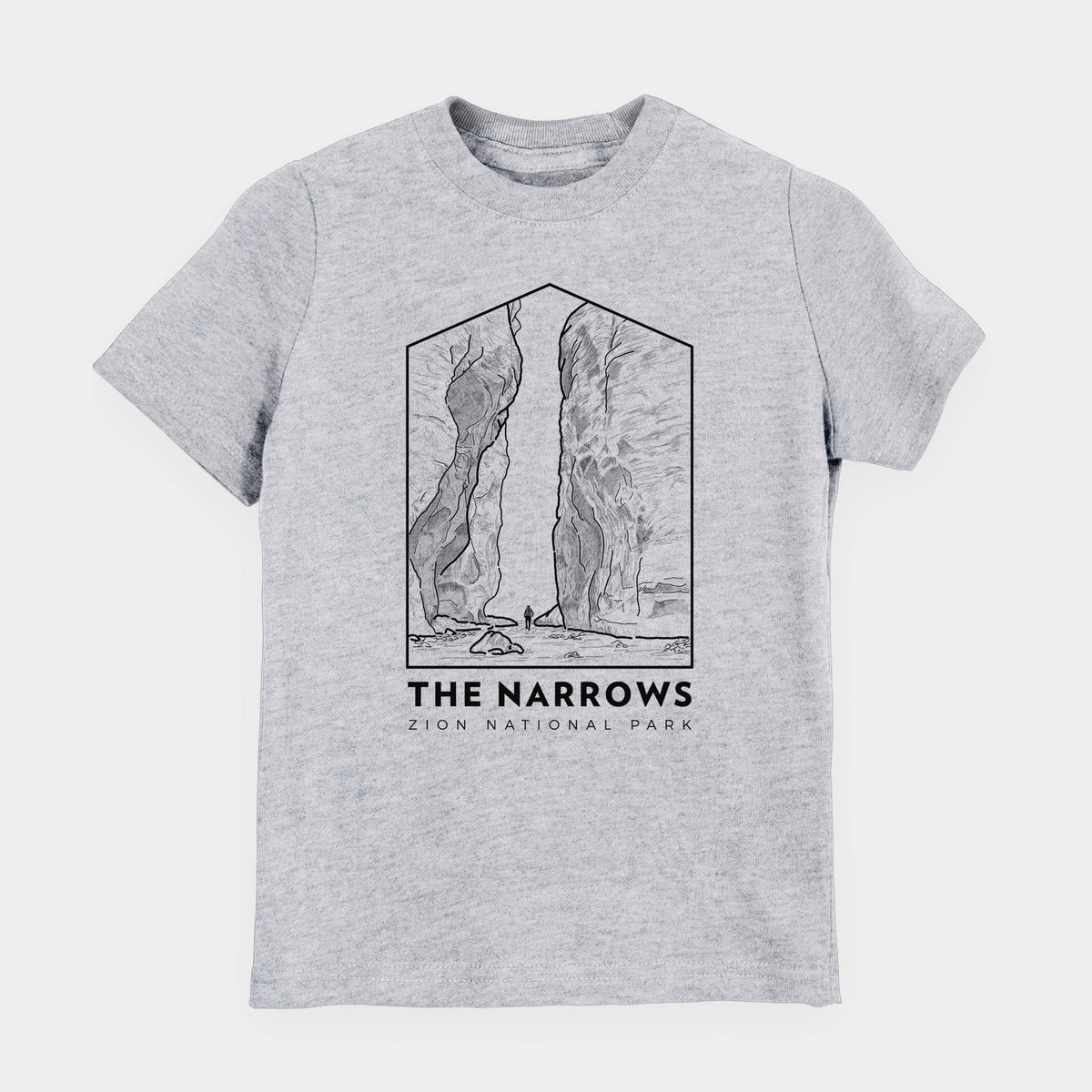 Heather grey youth t-shirt laid flat, printed with a black line art badge of the tall canyon walls of The Narrows, with the words The Narrows.