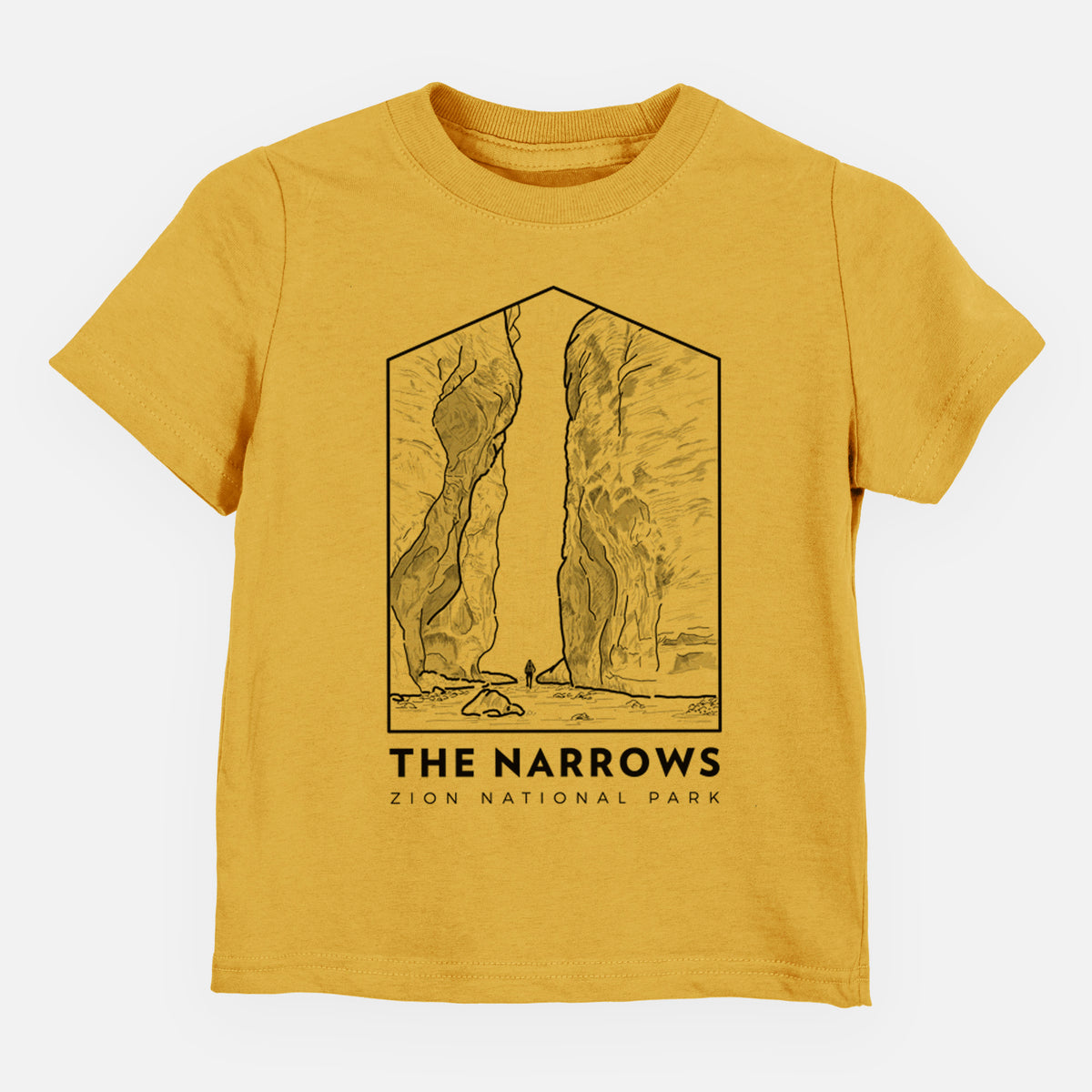 Honeycomb yellow toddler t-shirt laid flat, printed with a black line art badge of the tall canyon walls of The Narrows, with the words The Narrows.