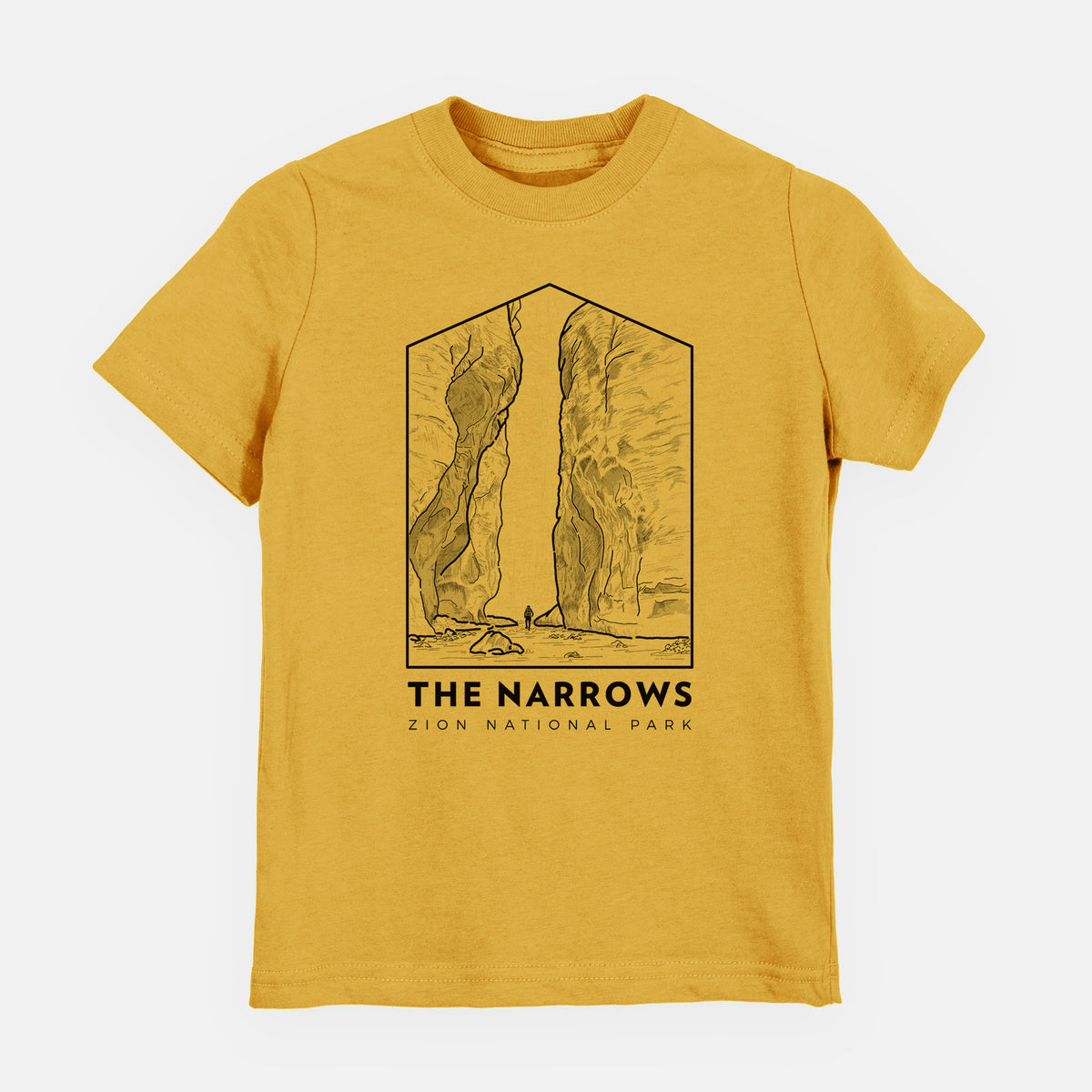Honeycomb yellow youth t-shirt laid flat, printed with a black line art badge of the tall canyon walls of The Narrows, with the words The Narrows.