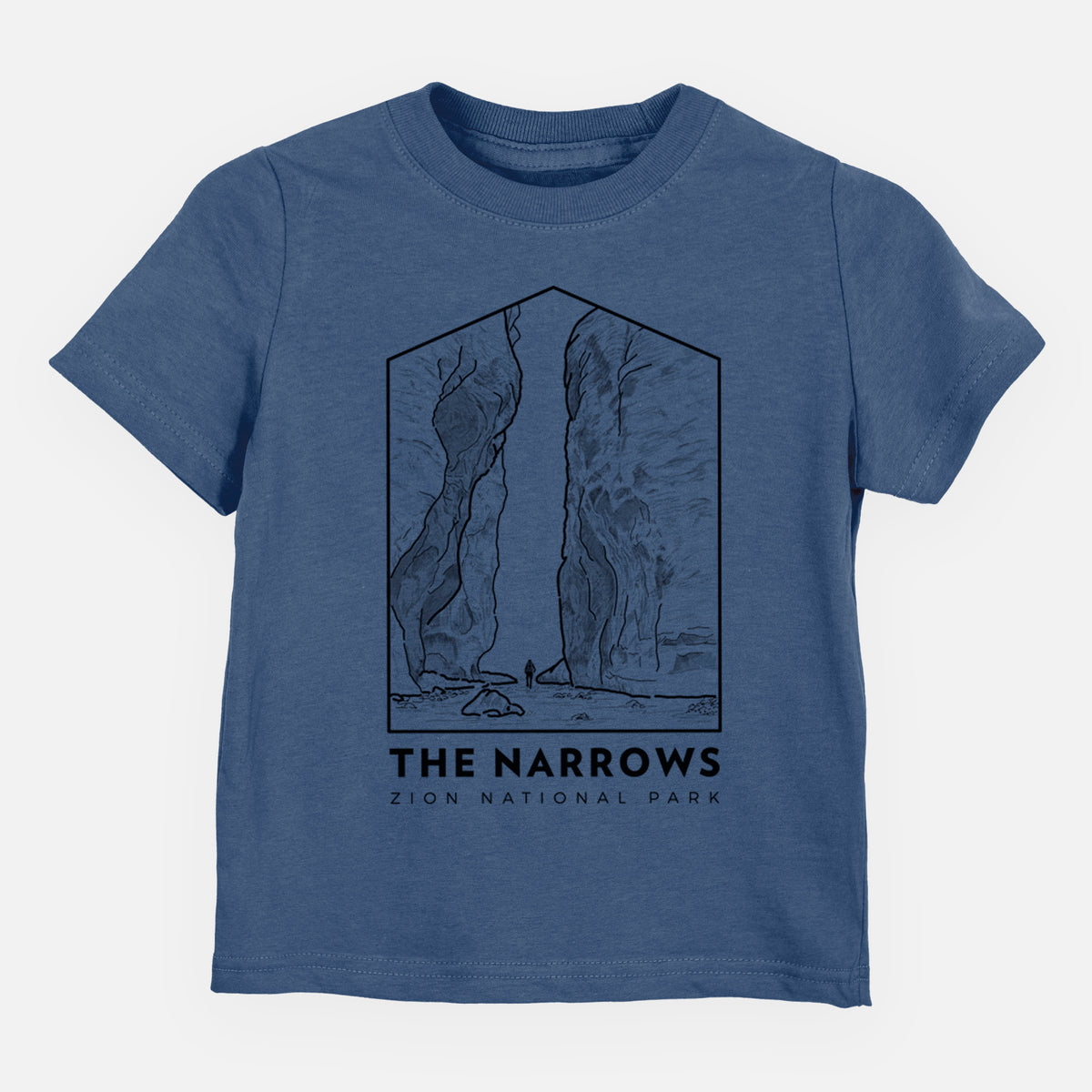 Indigo blue toddler t-shirt laid flat, printed with a black line art badge of the tall canyon walls of The Narrows, with the words The Narrows.