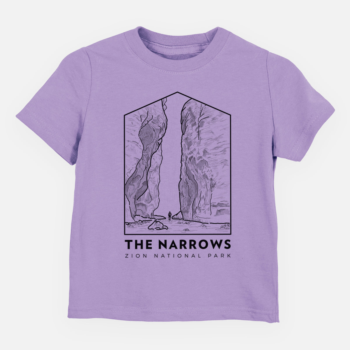 Lavender toddler t-shirt laid flat, printed with a black line art badge of the tall canyon walls of The Narrows, with the words The Narrows.
