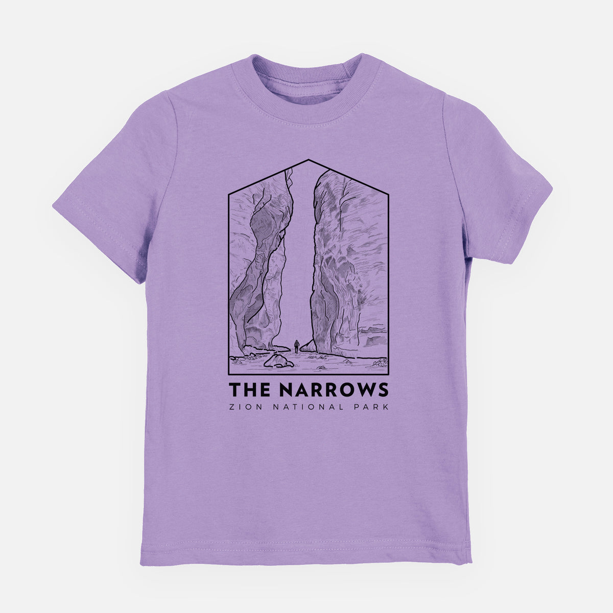 Lavender youth t-shirt laid flat, printed with a black line art badge of the tall canyon walls of The Narrows, with the words The Narrows.