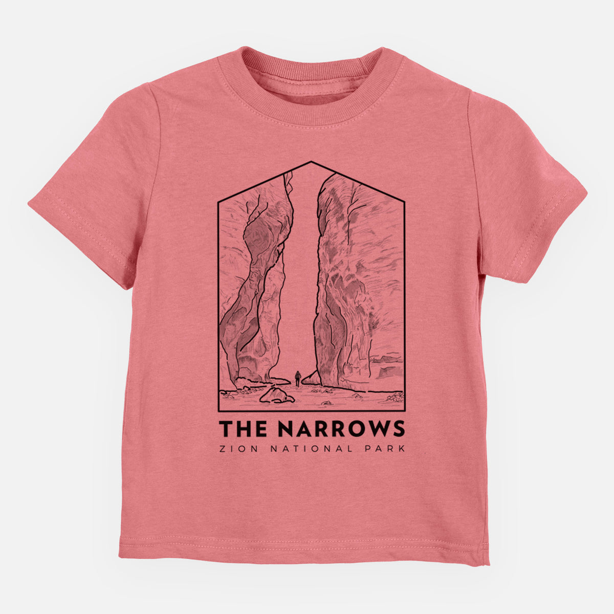 Mauve pink toddler t-shirt laid flat, printed with a black line art badge of the tall canyon walls of The Narrows, with the words The Narrows.