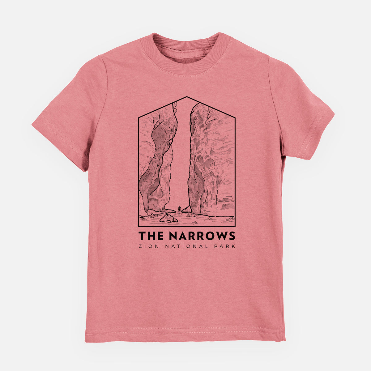 Mauve pink youth t-shirt laid flat, printed with a black line art badge of the tall canyon walls of The Narrows, with the words The Narrows.