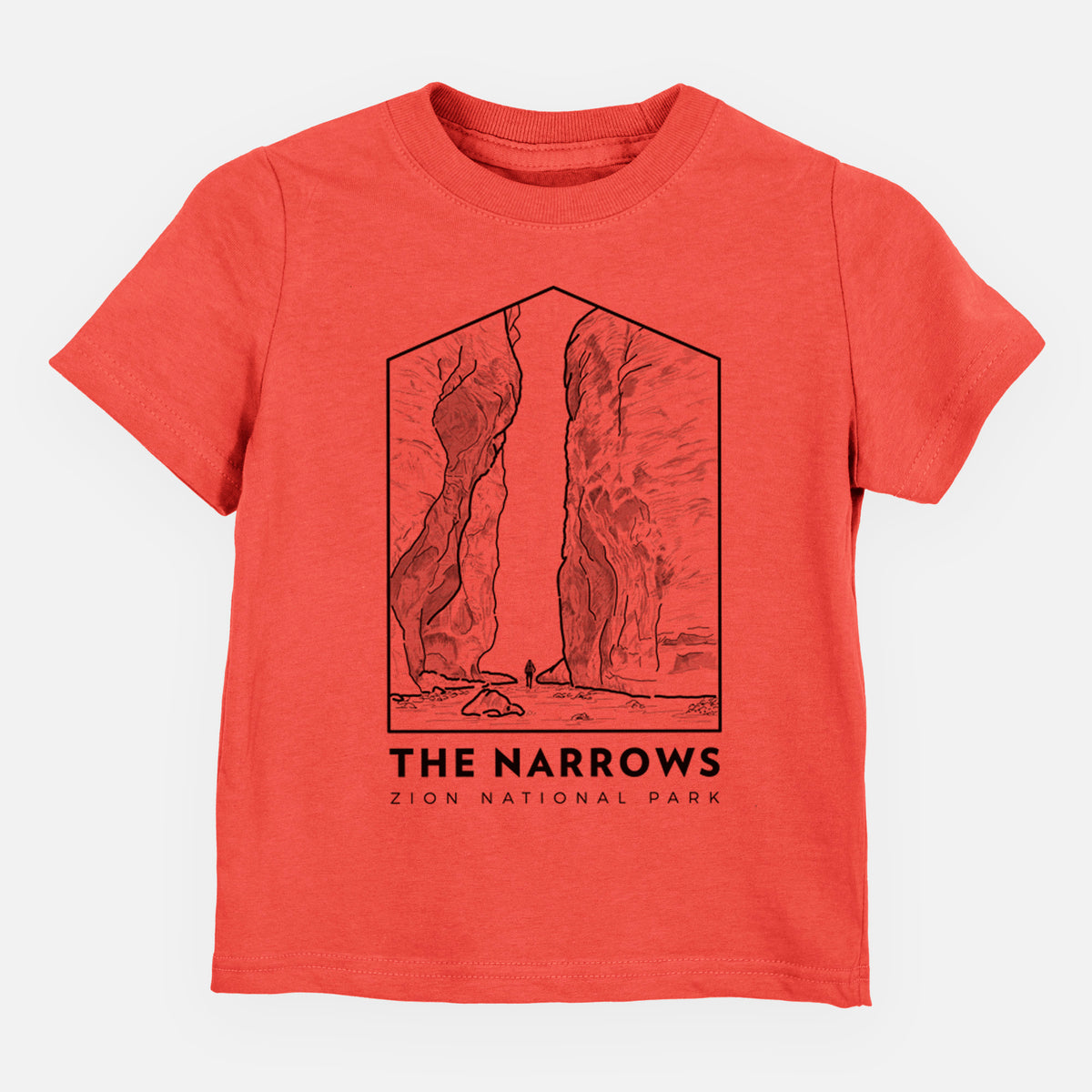 Passionfruit pink toddler t-shirt laid flat, printed with a black line art badge of the tall canyon walls of The Narrows, with the words The Narrows.