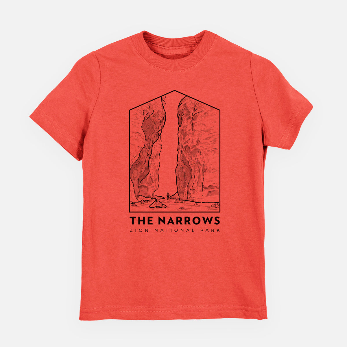 Passionfruit pink youth t-shirt laid flat, printed with a black line art badge of the tall canyon walls of The Narrows, with the words The Narrows.