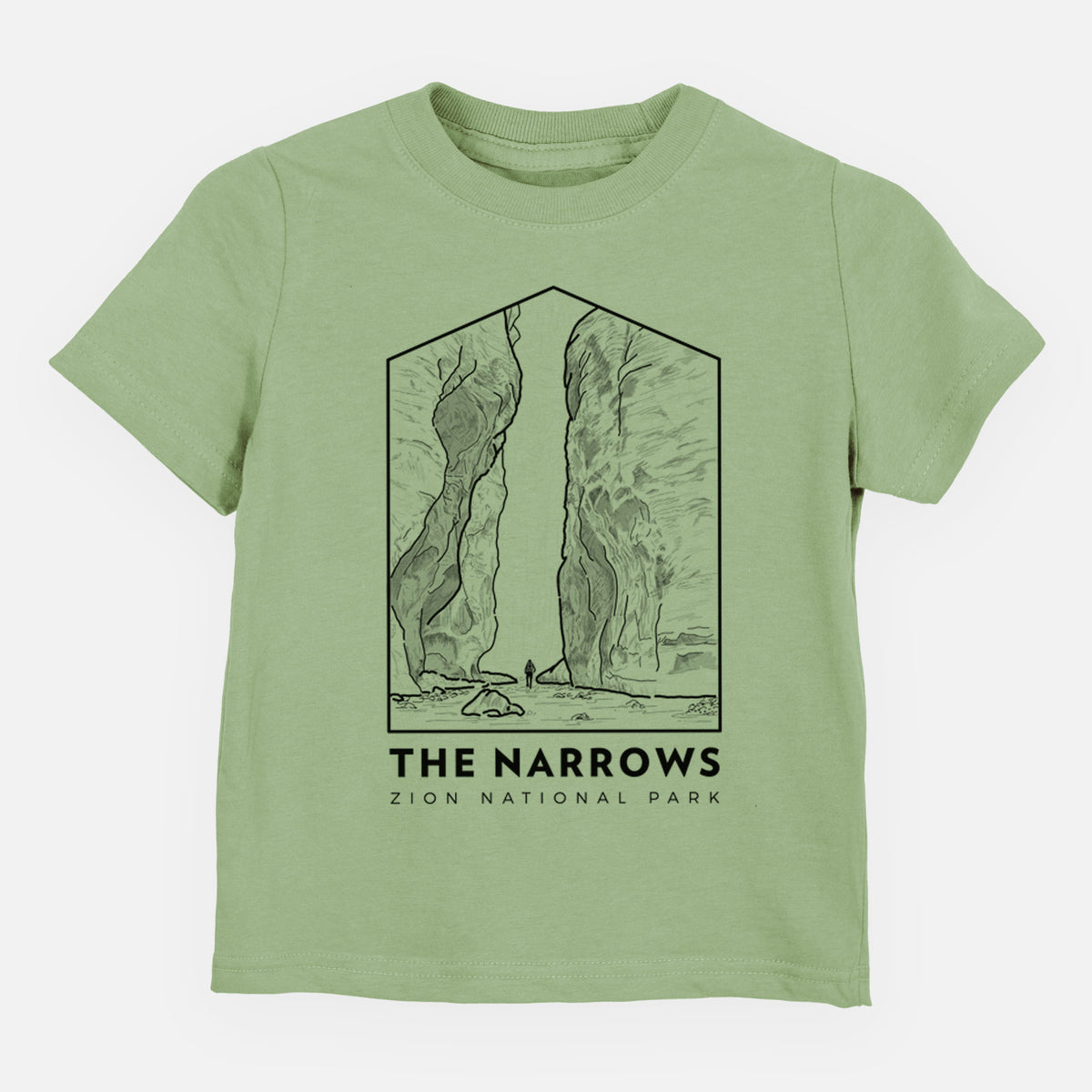 Sage green toddler t-shirt laid flat, printed with a black line art badge of the tall canyon walls of The Narrows, with the words The Narrows.