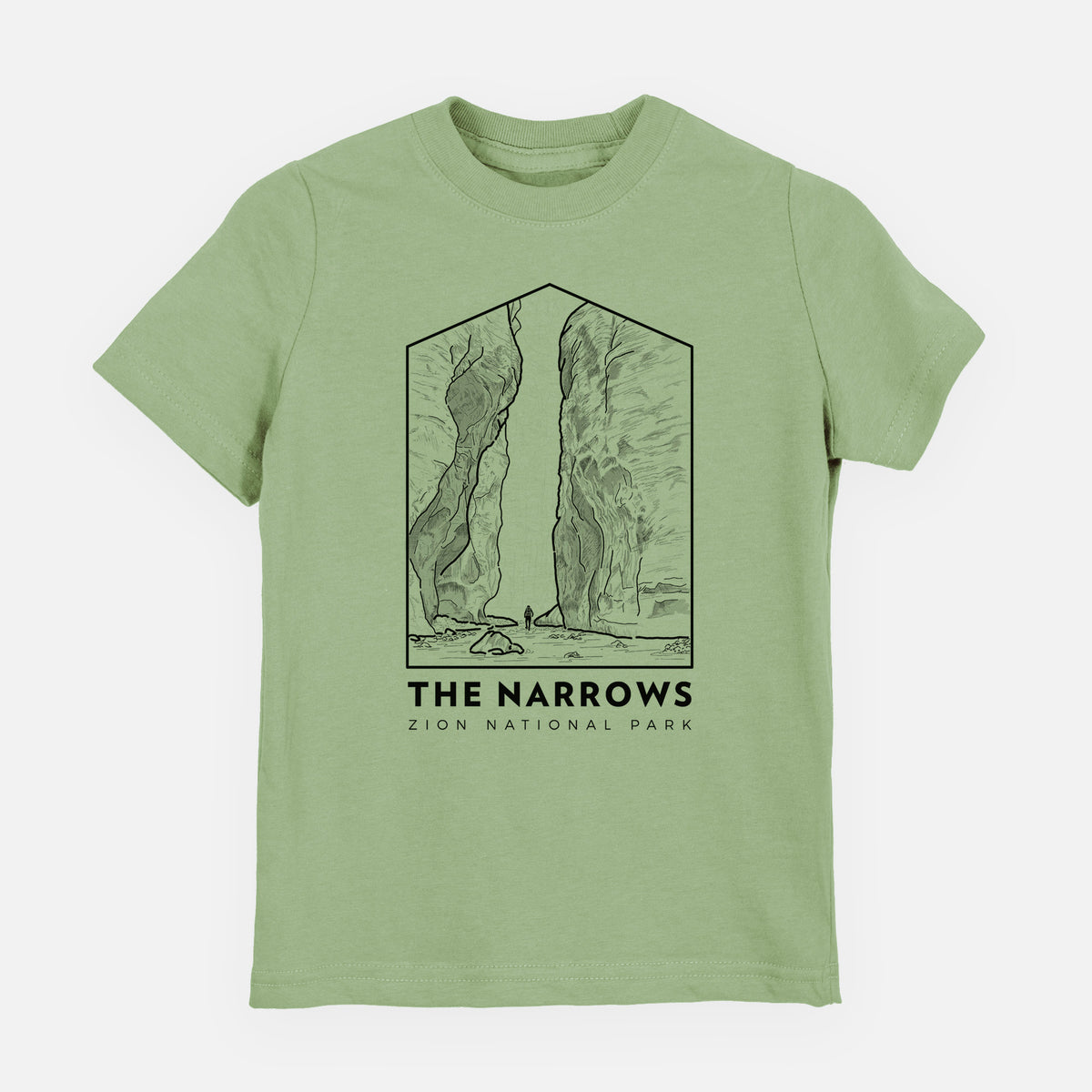 Sage green youth t-shirt laid flat, printed with a black line art badge of the tall canyon walls of The Narrows, with the words The Narrows.