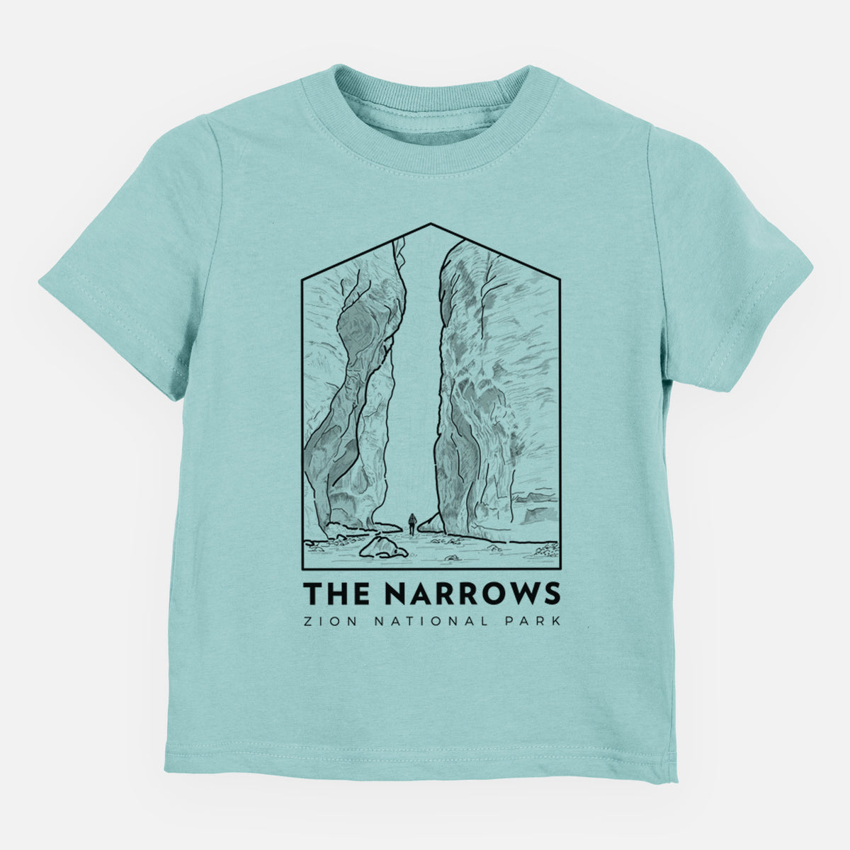 Saltwater toddler t-shirt laid flat, printed with a black line art badge of the tall canyon walls of The Narrows, with the words The Narrows.