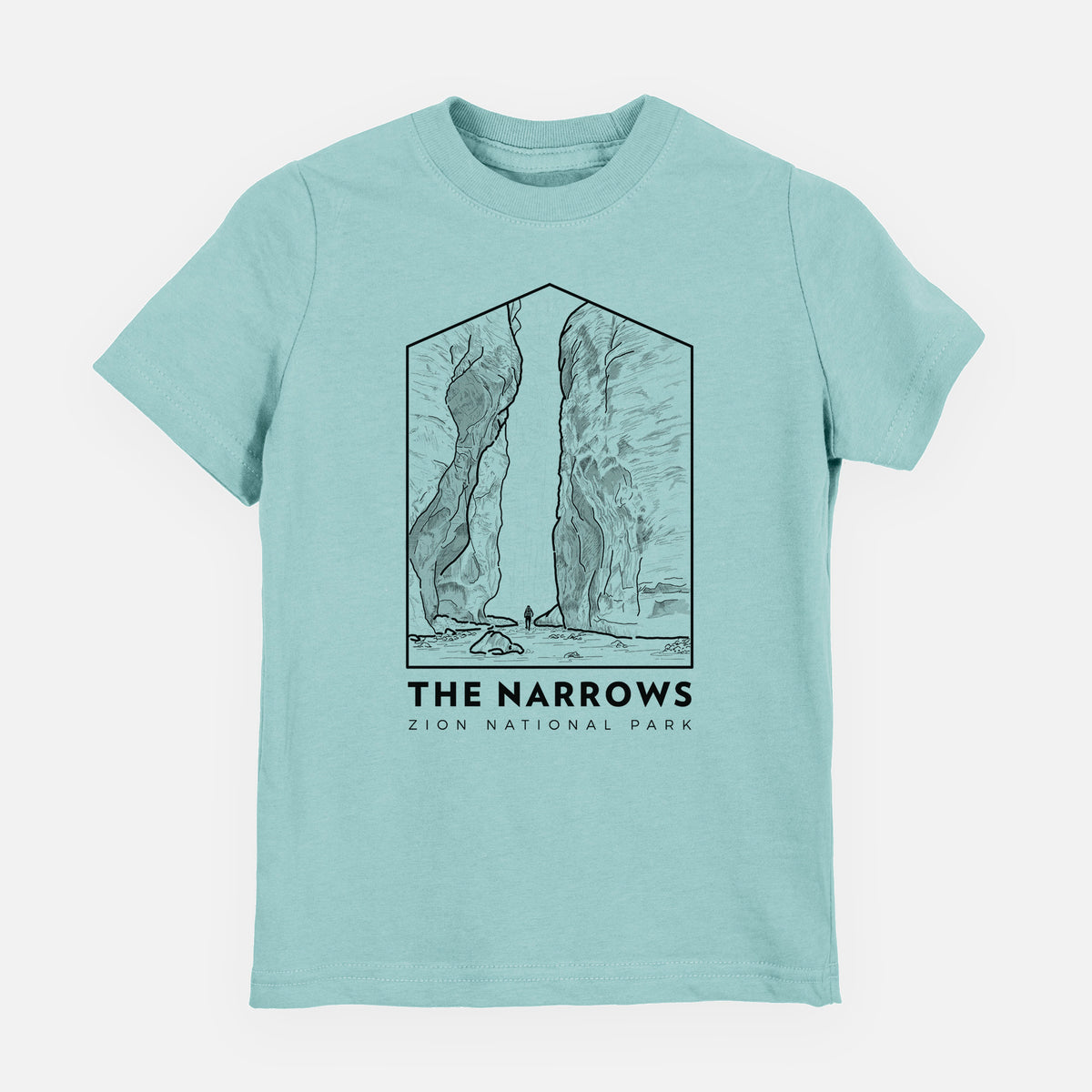 Saltwater youth t-shirt laid flat, printed with a black line art badge of the tall canyon walls of The Narrows, with the words The Narrows.