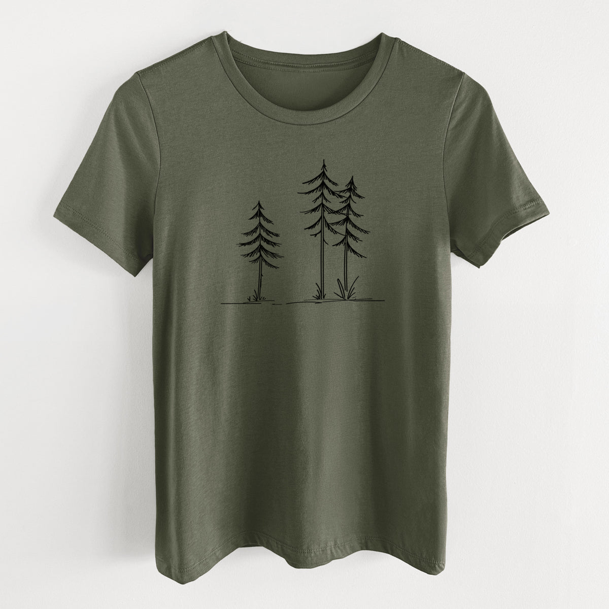 Three Pines - Women's Lightweight Relaxed Fit 100% Cotton Crewneck in Military Green, on a hanger