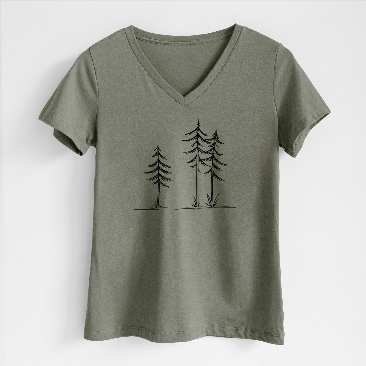 Three Pines - Women's Lightweight Relaxed Fit 100% Cotton V-neck in Military Green, on a hanger