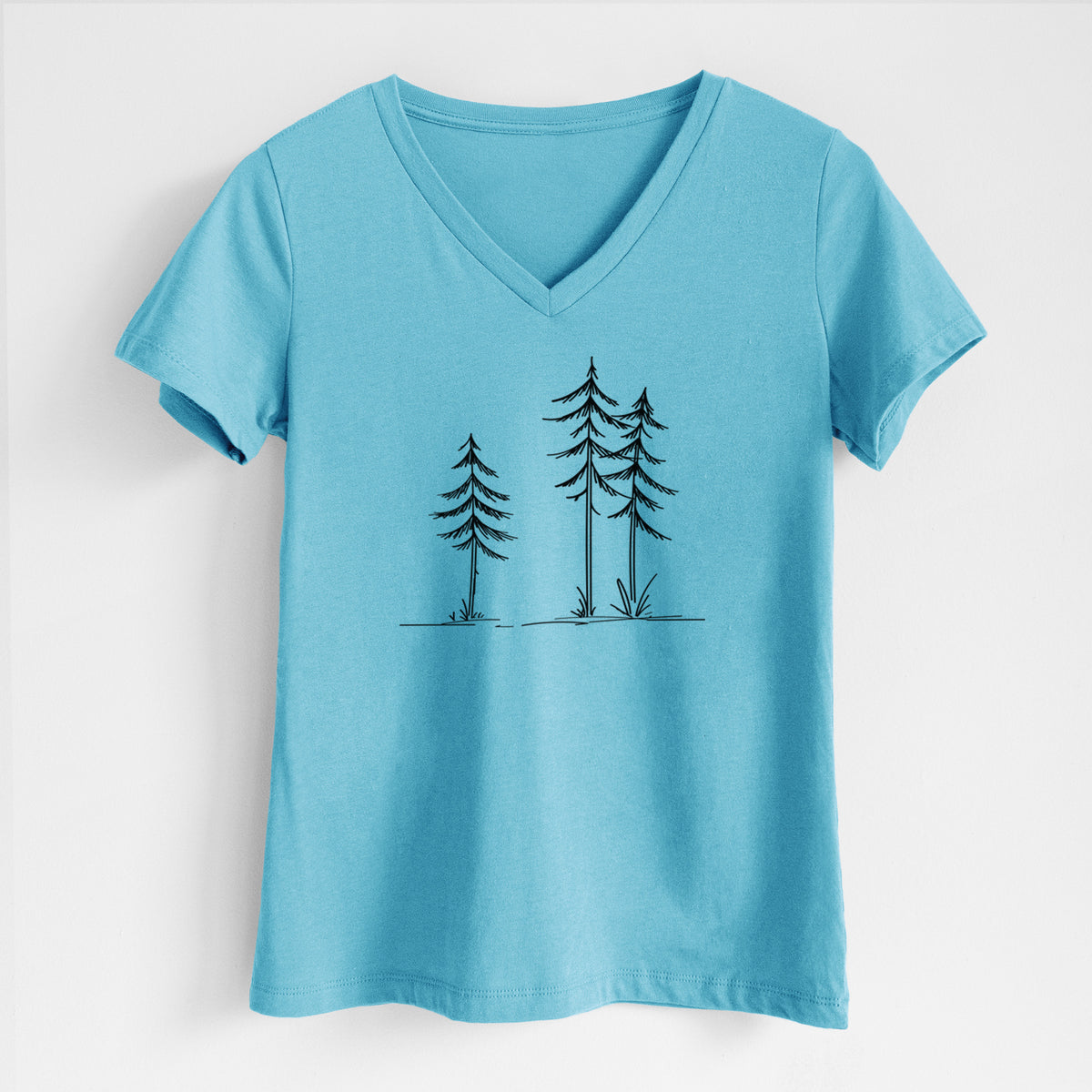 Three Pines - Women's Lightweight Relaxed Fit 100% Cotton V-neck in Turquoise, on a hanger
