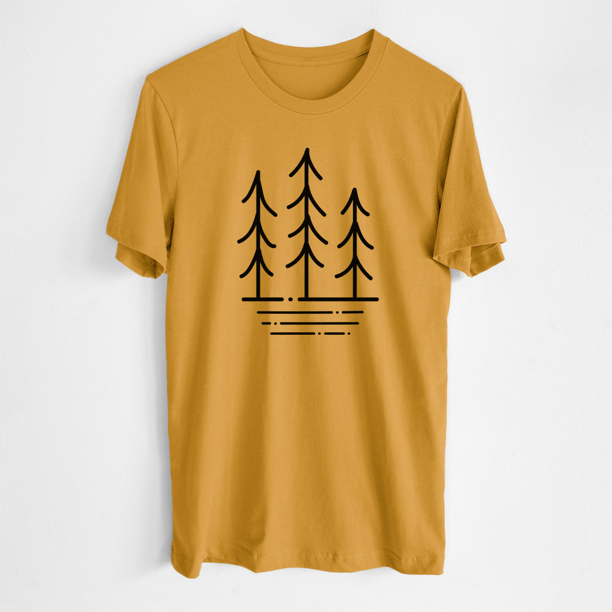 Honeycomb yellow lightweight cotton t-shirt laid flat, printed with black line art of three simple pine trees above horizontal lines.