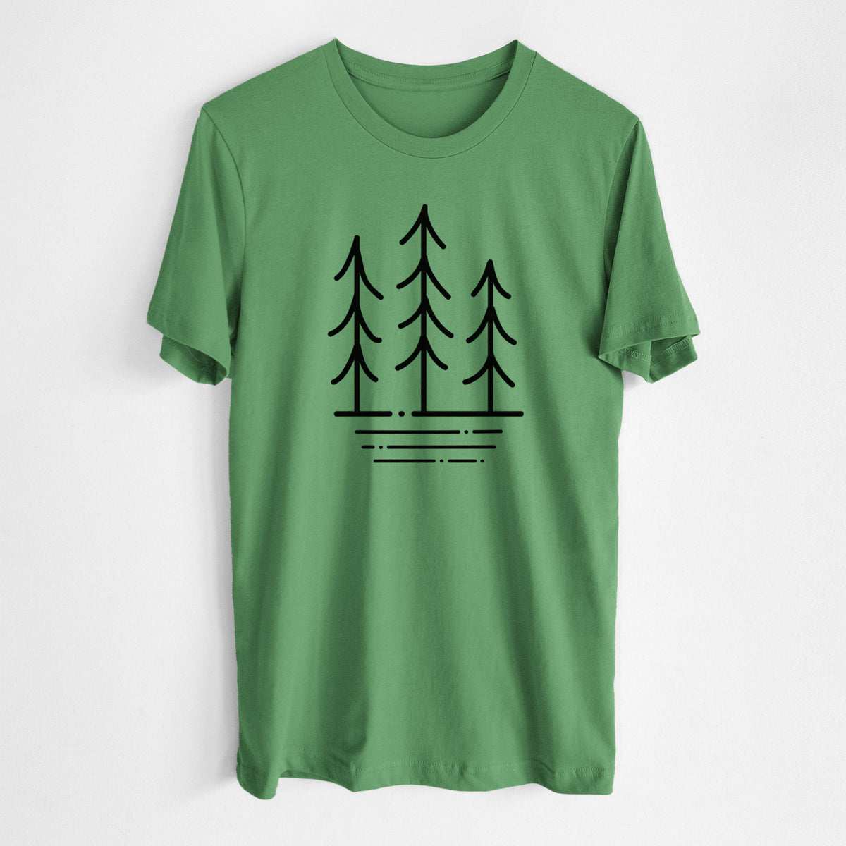 Leaf green lightweight cotton t-shirt laid flat, printed with black line art of three simple pine trees above horizontal lines.