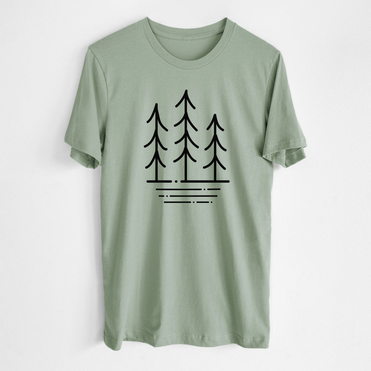 Sage green lightweight cotton t-shirt laid flat, printed with black line art of three simple pine trees above horizontal lines.