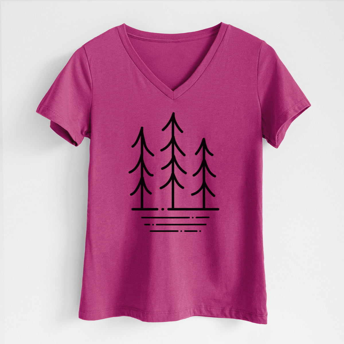 Berry pink women's relaxed fit cotton V-neck t-shirt laid flat, printed with black line art of three simple pine trees above horizontal lines.