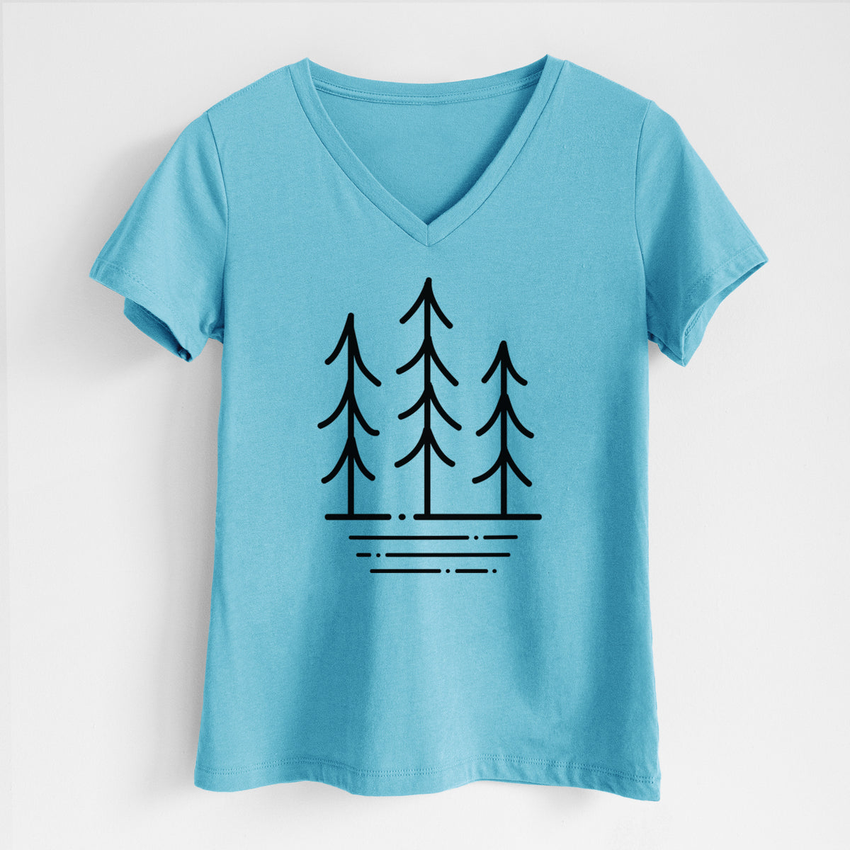 Turquoise women's relaxed fit cotton V-neck t-shirt laid flat, printed with black line art of three simple pine trees above horizontal lines.