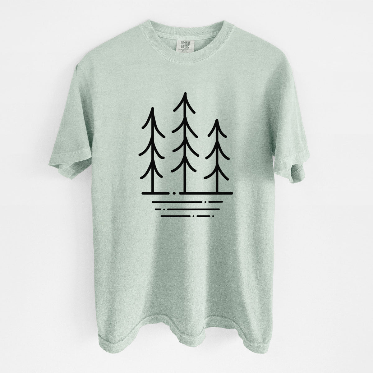 Bay green Comfort Colors t-shirt laid flat, printed with black line art of three simple pine trees above horizontal lines.