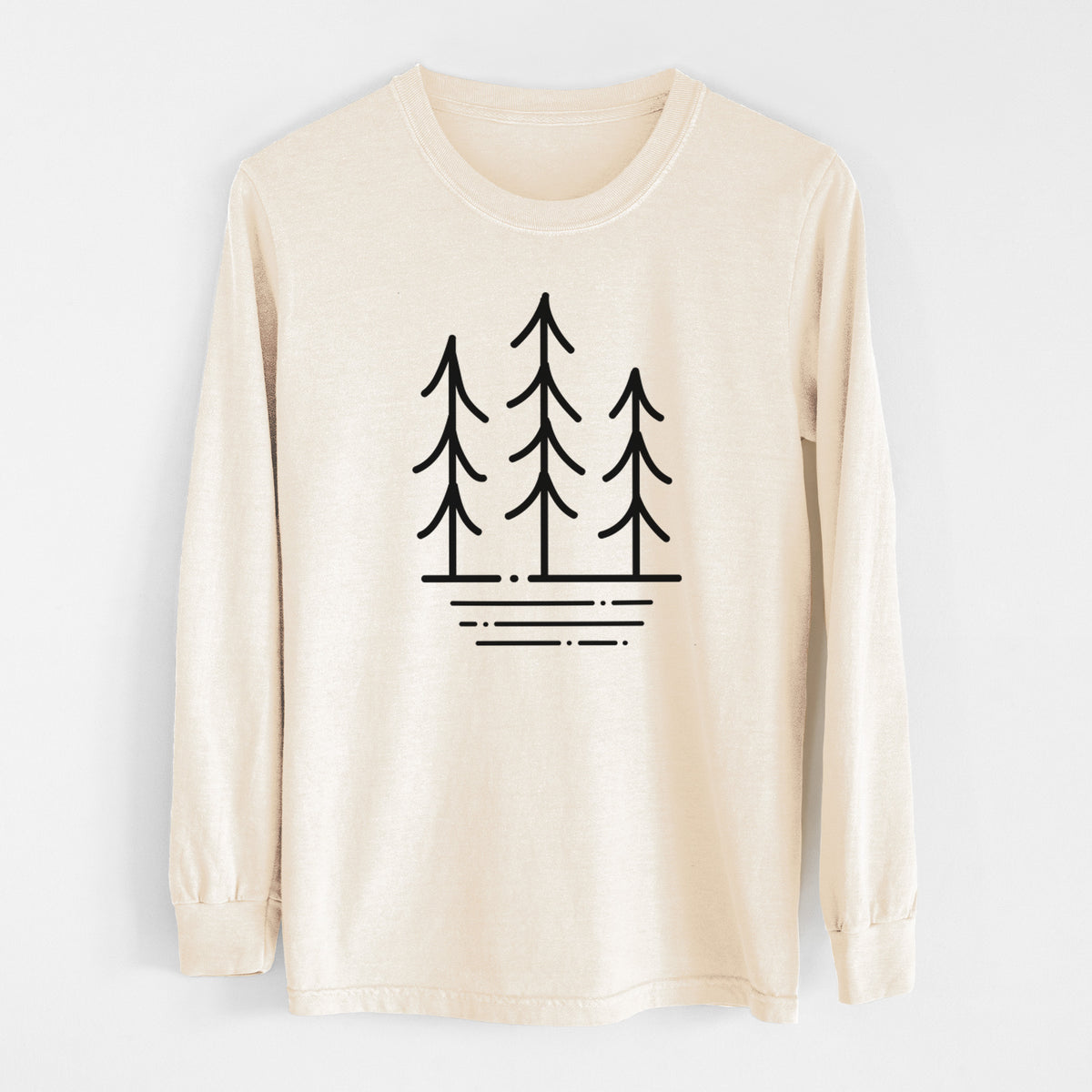 Ivory Comfort Colors long sleeve shirt laid flat, printed with black line art of three simple pine trees above horizontal lines.